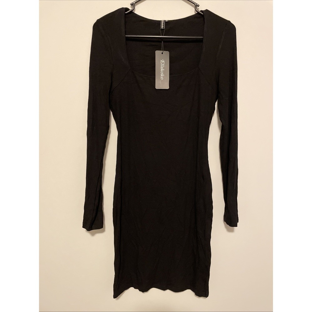 Ellakoko M Black Ribbed Bodycon Midi Dress Long Sleeve Stretch